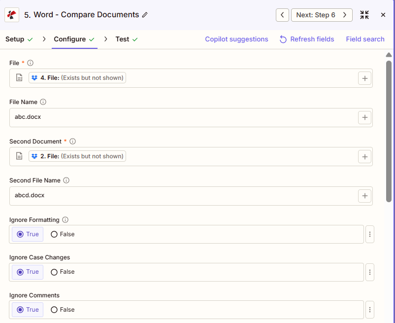 Haz clic para ampliar PDF4me Comparar documentos Word Zapier - Archivo, Nombre de archivo, Segundo documento, Segundo nombre de archivo, Ignorar formato, Ignorar cambios de mayúsculas/minúsculas, Ignorar comentarios, todo configurado en Verdadero
